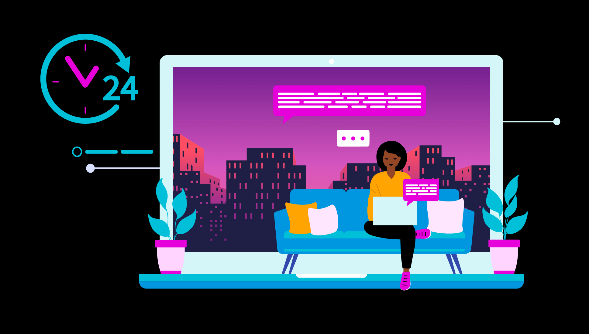 Illustration/image of someone using a chatbot/virtual assistant at night