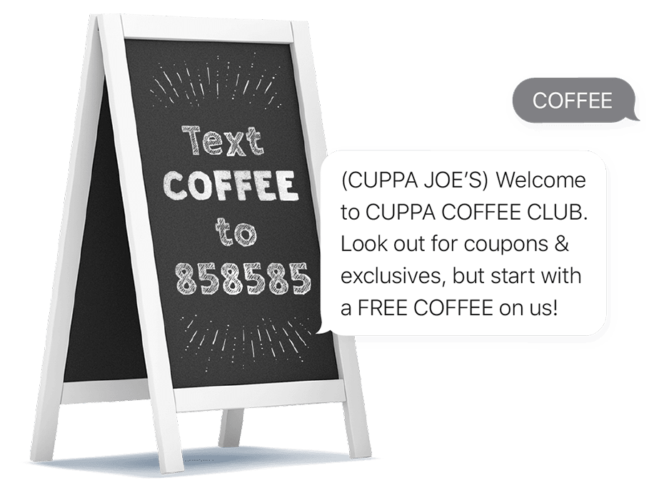 Pick up sandwich board with keyword COFFEE with text chat bubbles