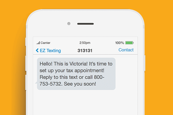 text marketing for tax preparation business reminder example